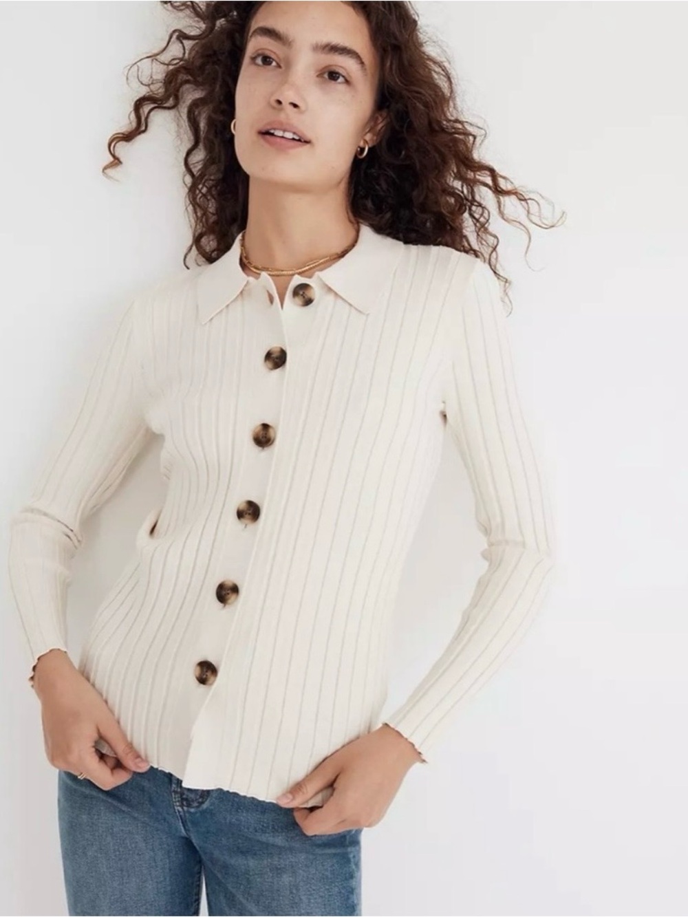 Madewell Polo Cardigan Sweater Cream Ribbed Button-Front  Classic Chic Women’s M